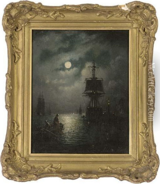 Bringing In The Nets In A Moonlit Harbour Oil Painting - Adolphus Knell
