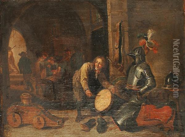 An Interior With A Young Boy Playing A Drum, A Still Life Of Armour In The Foreground. Oil Painting - David The Younger Teniers