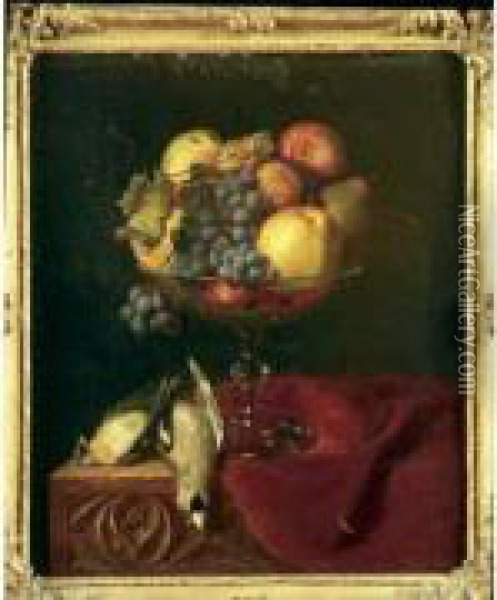 Coupe De Noix, Raisins, Pommes Et Poires Sur Un Entablement Oil Painting - Bernardino Peretti