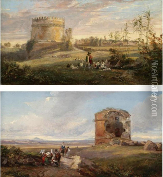 The Tomb Of Cecilia Metella On 
The Via Appia, Rome; And The Tor Di Schiavi On The Via Labicana, Rome Oil Painting - Edward Lear