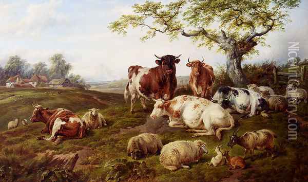 Resting Cattle, Sheep And Deer, A Farm Beyond Oil Painting - Charles Jones