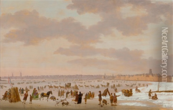 View Of The Maas Before Rotterdam In Winter Oil Painting - Heinrich Wilhelm Schweickardt
