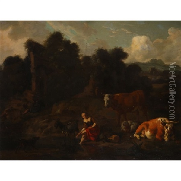 A Herdswoman With Cattle, A Goat And A Dog By A Pool In A Landscape, A Ruin Beyond Oil Painting - Dirk van Bergen