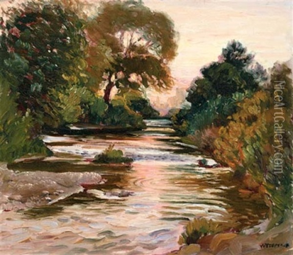 River Landscape At Sunset Oil Painting - Joseph Kleitsch