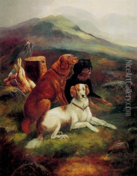 A Mountainous Landscape With Three Gun Dogs And A Basket Of Game Behind Oil Painting - John Gifford