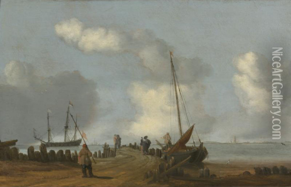 Coastal Landscape With Figures On A Jetty A Sailing Boat Moored To Its Right Oil Painting - Cornelis de Bie