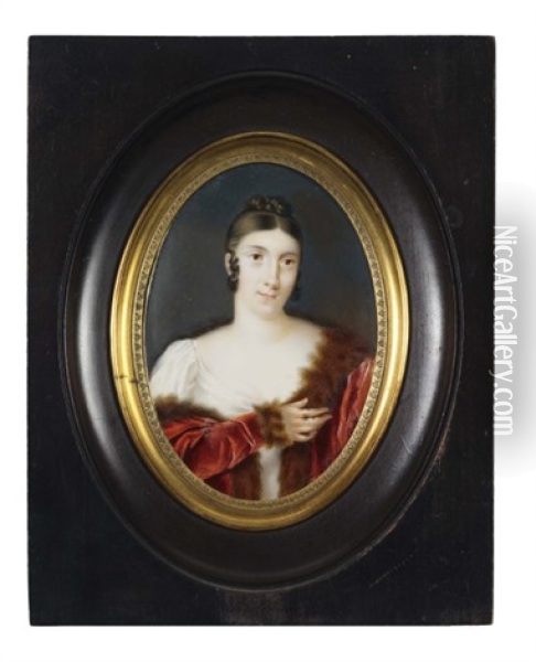 Portrait De Femme En Robe De Soie Et Manteau De Velours Rouge Borde De Zibeline Oil Painting - Pierre Louis Bouvier