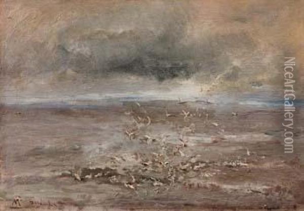 Gabbiani Sul Mare Abordighera Oil Painting - Pompeo Mariani