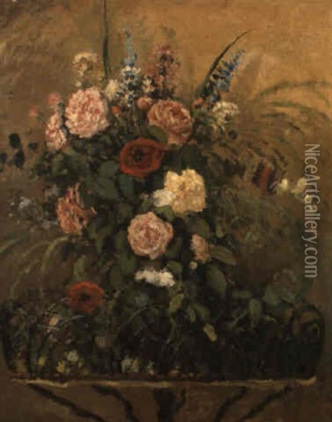 Bouquet De Fleurs, Avc Jardiniere En Bois Rustique Oil Painting - Camille Pissarro