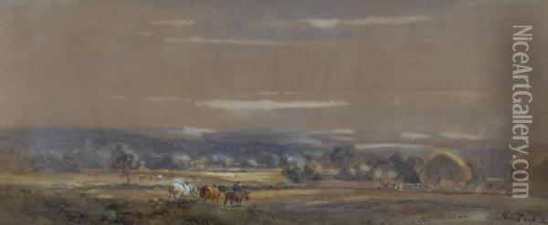 Farmer And Horses Returning Home Oil Painting - Henry Earp