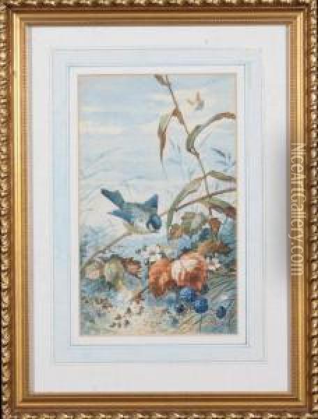 A Bluebird And Butterflies In A Blackberry Bush Oil Painting - Leopold Rivers