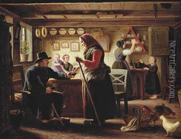 Besog I Bondestuen, Der Bydes Af Snustobaksdasen Oil Painting - Peter (Johann P.) Raadsig