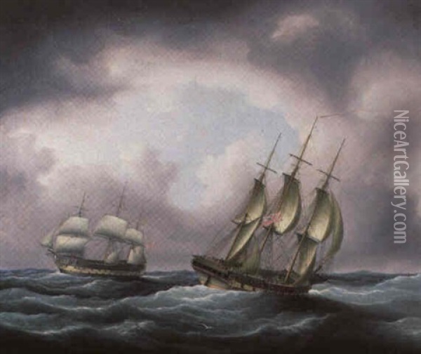 British Men-o-war In A Swell Oil Painting - Thomas Buttersworth