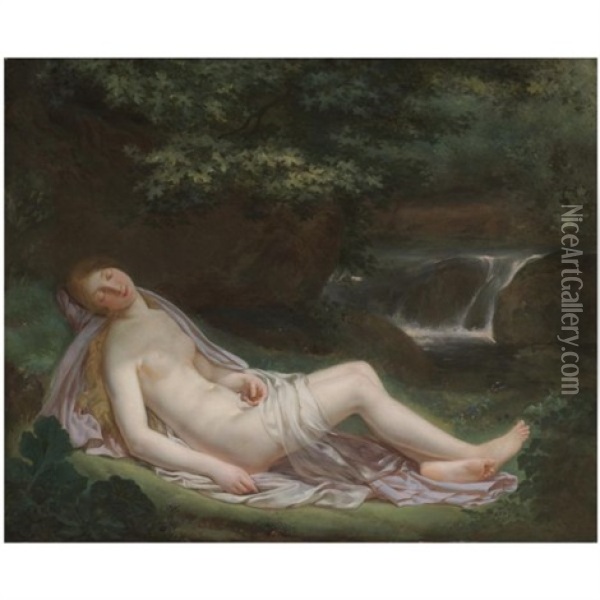 A Landscape With A Nude Female Figure Reclining, A Waterfall Beyond Oil Painting - Antoine Jean Joseph Ansiaux