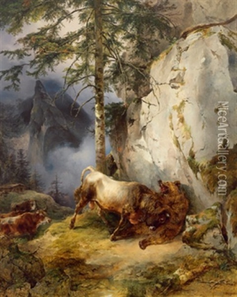 Ein Stier Kampft Mit Einem Baren Oil Painting - Friedrich Gauermann