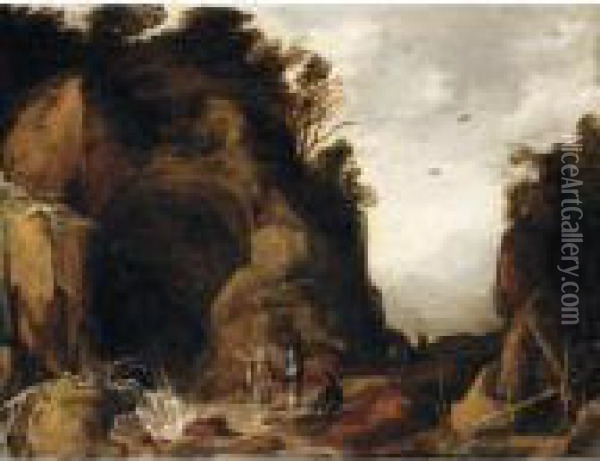 A Mountainous Landscape With Travellers And A Hermit Outside A Cave With A Waterfall Oil Painting - Frans de Momper