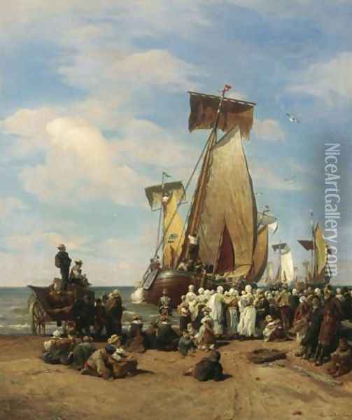 Departure of herring fleet in Scheveningen Oil Painting - Andreas Achenbach
