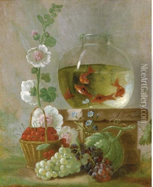 Goldfish In A Bowl On A Ledge Beside Cherries And Other Fruit And Flowers Oil Painting - Johannes Hendrik Fredriks
