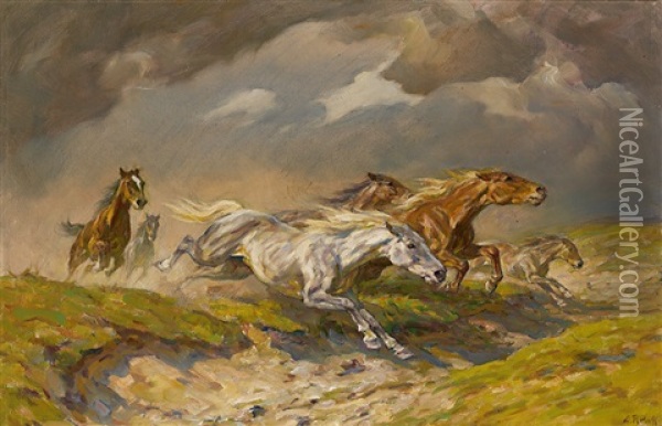 Sturmende Pferde Oil Painting - Alfred Roloff