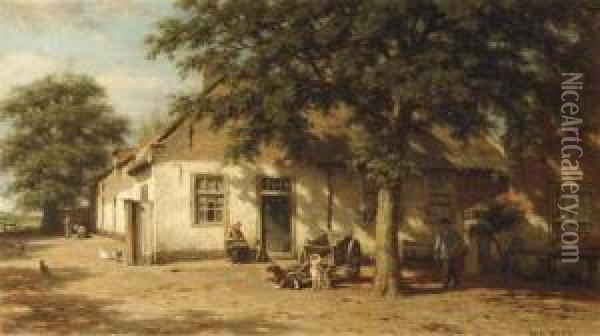 Peasants In A Sunlit Farmyard Oil Painting - Willem Carel Nakken