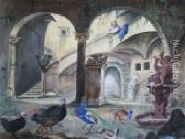Peacocks, Turkeys An Other Fowl By A Fountain In A Courtyard Oil Painting - Aert Schouman