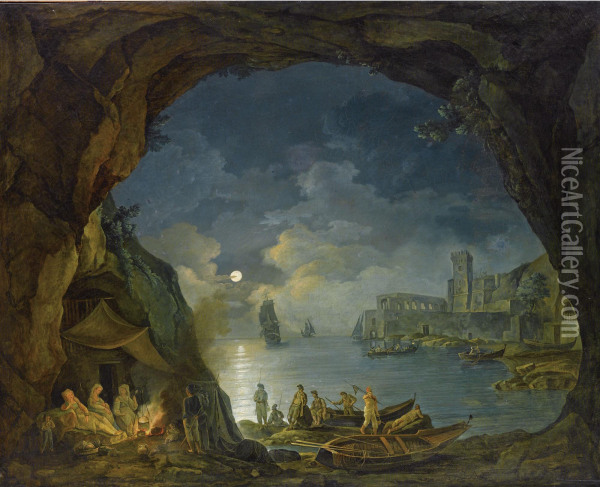 A Moonlit Coastal Landscape With Figures Resting In A Cave Beside A Fire Oil Painting - Josef Rebell