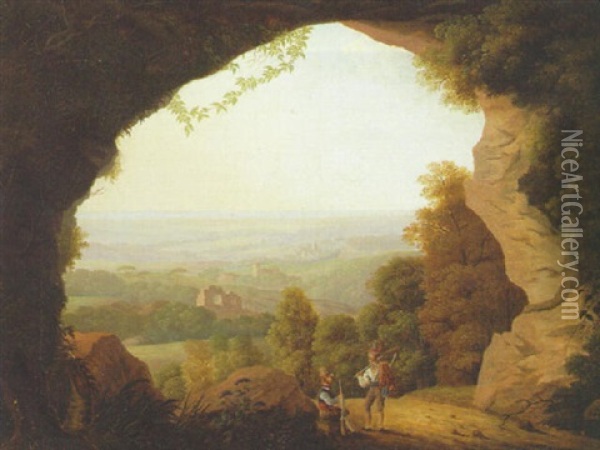 Huntsmen Resting At The Mouth Of A Grotto, An Extensive Landscape Beyond Oil Painting - Anton Albers the Elder