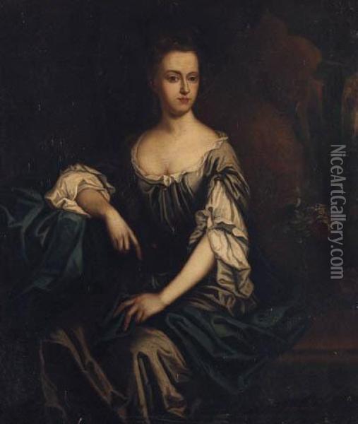 Portrait Of Isabella, Lady 
Lowther, Seated Three-quarter-length, Ina Grey Dress And Blue Shawl, A 
Landscape Beyond Oil Painting - Sir Godfrey Kneller