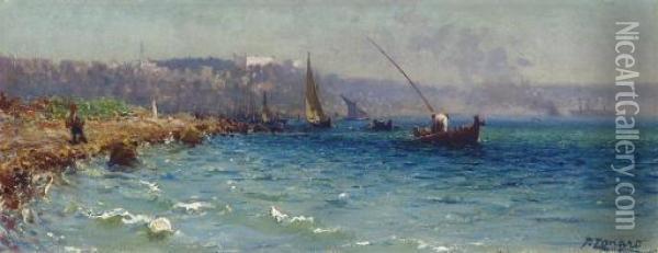 A View Of The Bosphorous From The Old Byzantine Walls, Constantinople Oil Painting - Fausto Zonaro