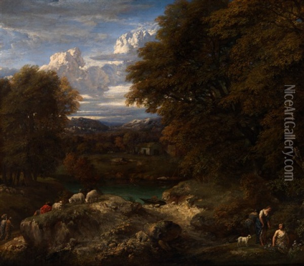 A Shepherd Boy Resting Near His Flock On A Sandy Bank In A Wooded River Landscape Oil Painting - Cornelis Huysmans