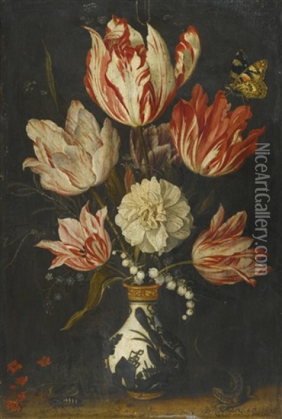 Still Life Of Variegated Tulips In A Ceramic Vase, With A Wasp, A Dragonfly, A Butterfly And A Lizard Oil Painting - Balthasar Van Der Ast