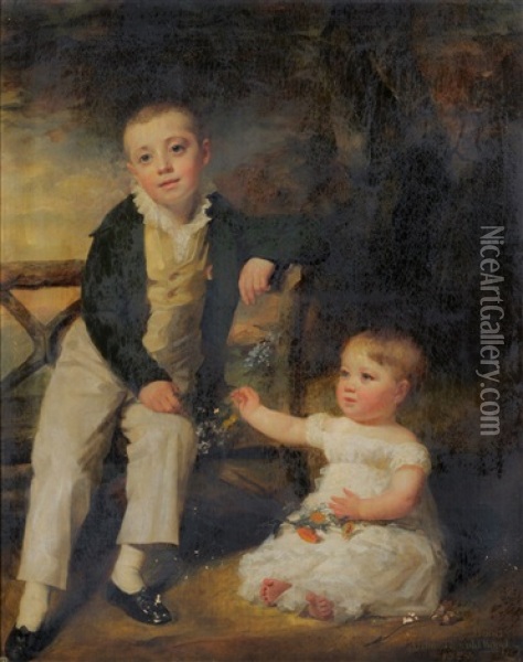 Portrait Of Willoughby Wood And Arthur Thorold Wood, One Boy Seated On A Bench, The Other On The Floor Nearby Holding Flowers Oil Painting - Sir Henry Raeburn