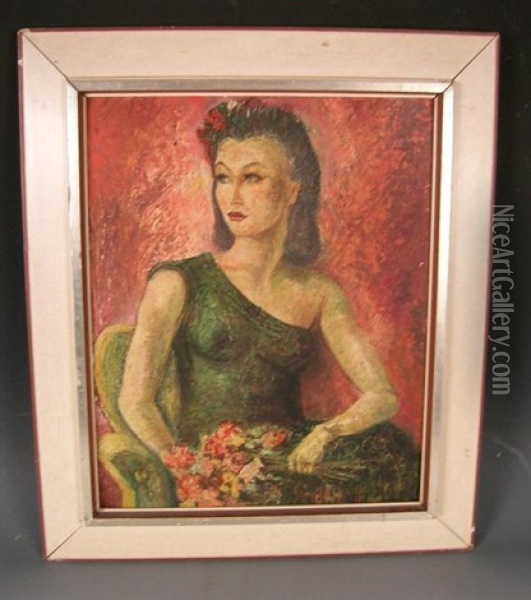 Portrait Of A Lady, With Flowers In Her Hair, And Holding Flowers Oil Painting - Ernest S. Lumsden