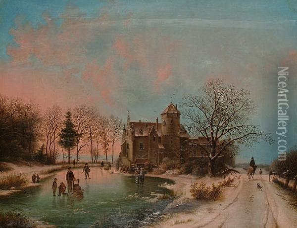 Skating On The Frozen Lake; A Winter's Evening. Oil Painting - Barend Cornelis Koekkoek