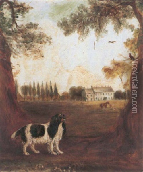 A King Charles Spaniel In A Park, A Country House Beyond Oil Painting - John E. Ferneley