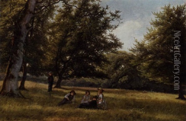 Unge Mennesker I Et Parklandskab, Sommer Oil Painting - David Monies