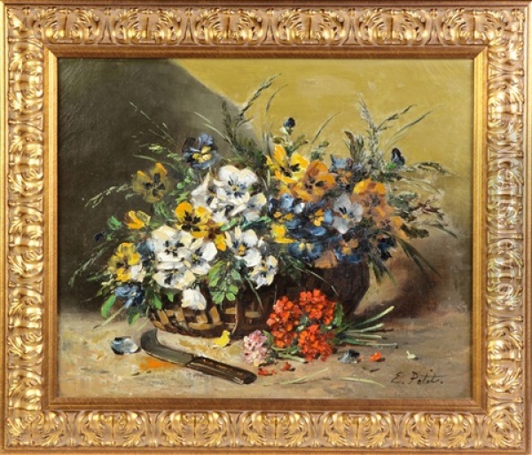 Still Life With Flower Basket Oil Painting - Eugene Petit