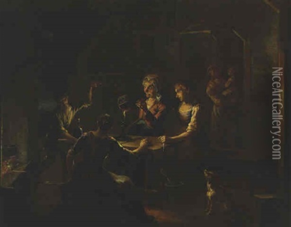 Peasant Women Setting A Mouse Trap By Candlelight Outside A Cottage Oil Painting - Giacomo Francesco Cipper