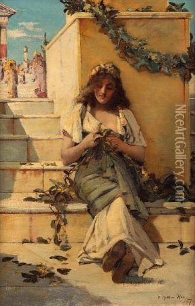 Orientalist Study Of A Young Lady Making Garlands On Temple Steps Oil Painting - Edward Matthew Hale