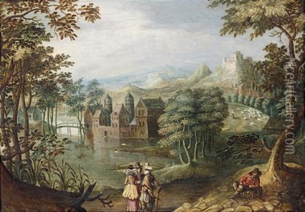 A Wooded Landscape With Two Cavaliers And A Lady Conversing Before A Lake, A Peasant To The Right Oil Painting - Anton Mirou