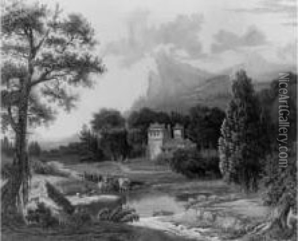 Personnages, Ruisseau Et Chateau Dans Une Vallee Oil Painting - Jean-Baptiste Pourcelly
