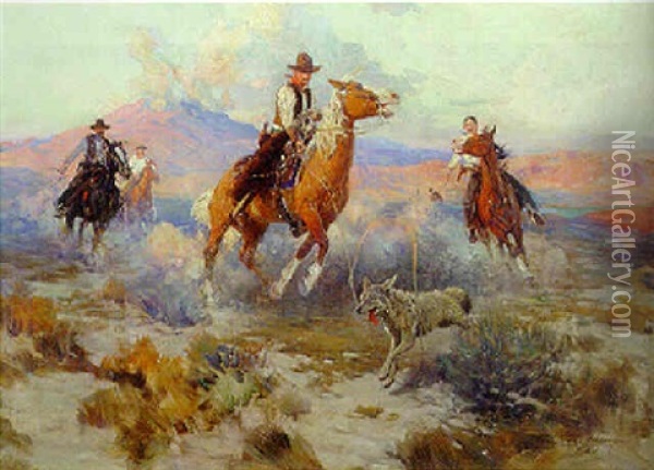 Cowboy Sport: Roping The Coyote Oil Painting - Frank Tenney Johnson