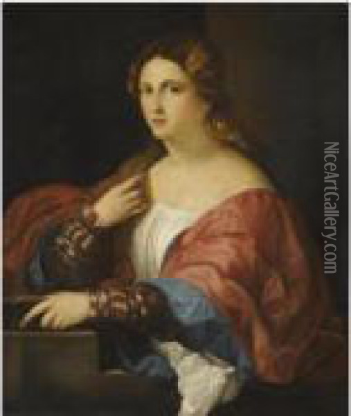 Portrait Of A Young Lady, Half Length, Wearing A Red And Bluetunic, Holding A Book Oil Painting - Acopo D'Antonio Negretti (see Palma Giovane)