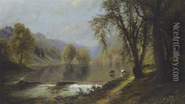 Cattle Watering By The River Oil Painting - Edmund Darch Lewis
