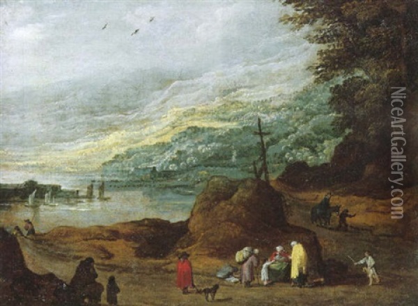 A Rocky Landscape With A Family Resting Beside A Path With Other Travellers, A Lake And Mountains Beyond Oil Painting - Joos de Momper the Younger