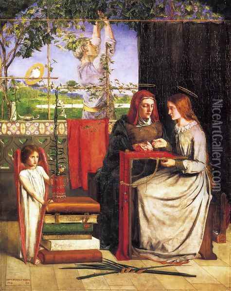 The Girlhood of Mary Virgin 1848-49 Oil Painting - Dante Gabriel Rossetti