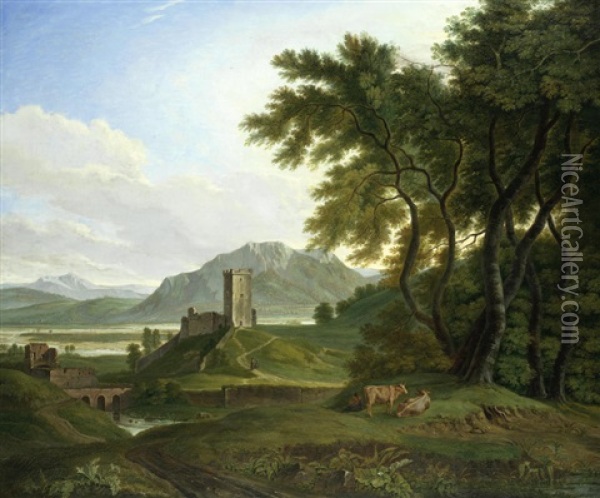 An Extensive Landscape With Ruins And Cattle Oil Painting - Joseph (Charles) Cogels