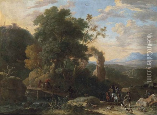 A Wooded, River Landscape With Ruins, A Hunting Party In The Right Foreground Oil Painting - Herman Van Swanevelt