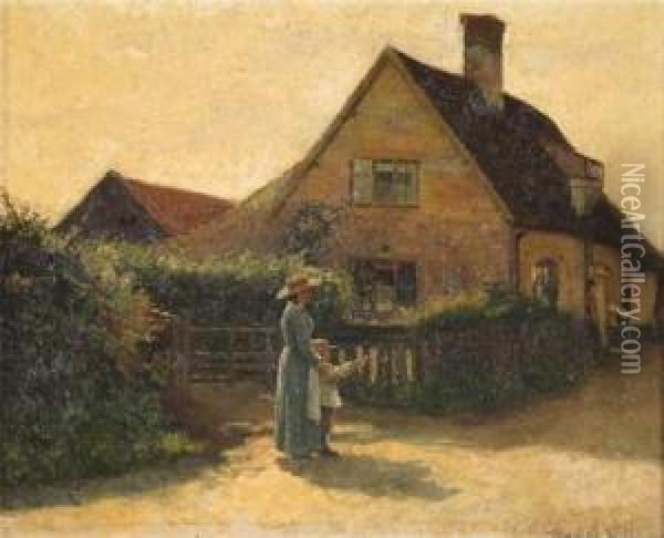 A Mother And Son By A Cottage Oil Painting - Terrick John Williams