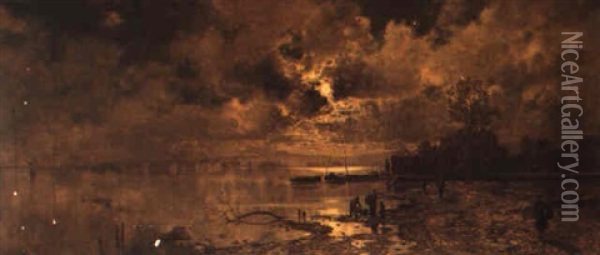 A Moonlit Estuary Scene Oil Painting - Karl Heffner